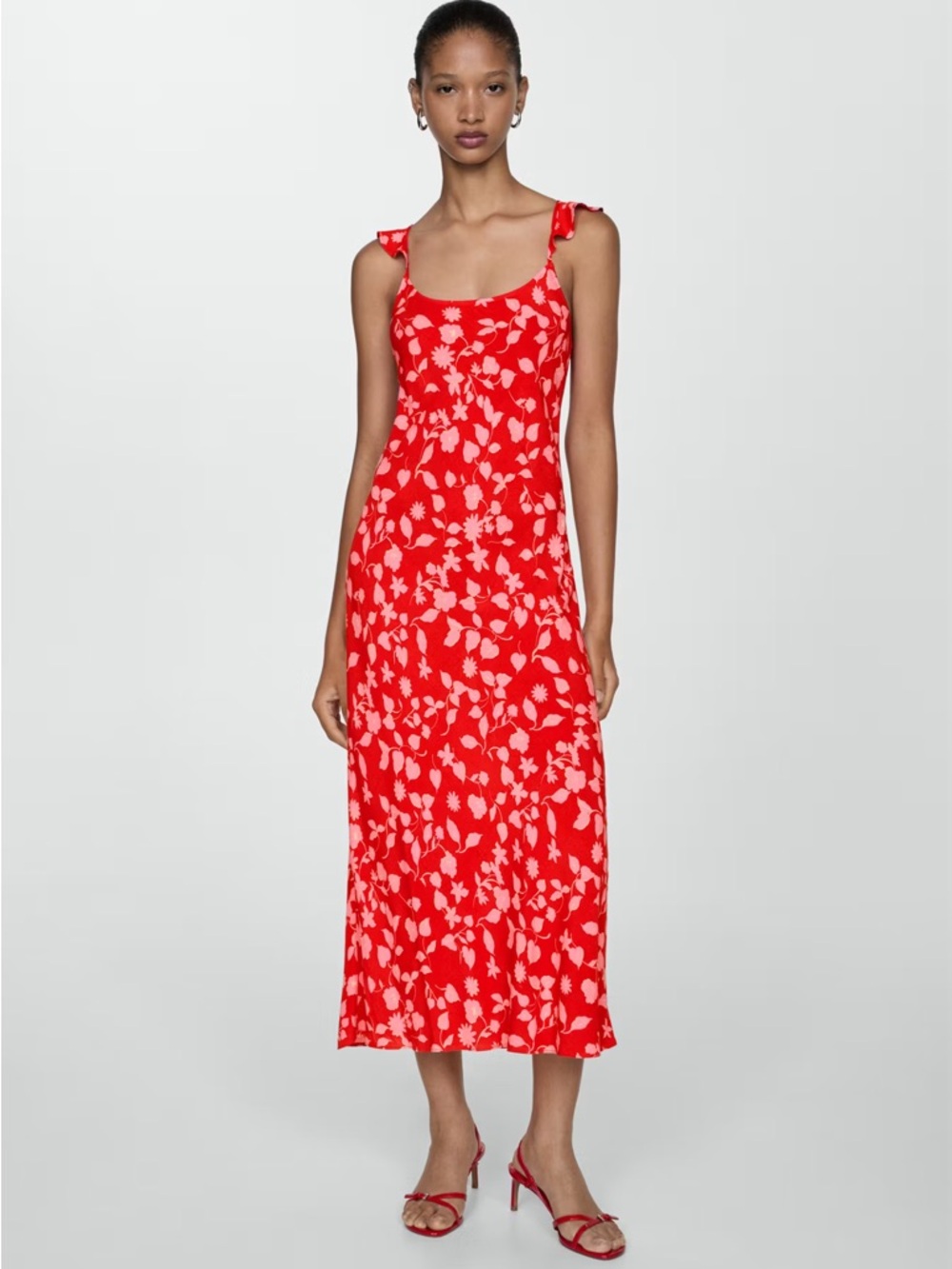 MANGO Red Floral Midi Slip Dress with Tie Straps